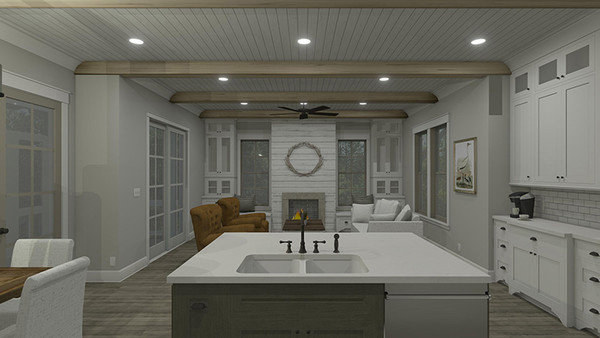 Evergreen Cottage 3D Rendering Kitchen to Living Room