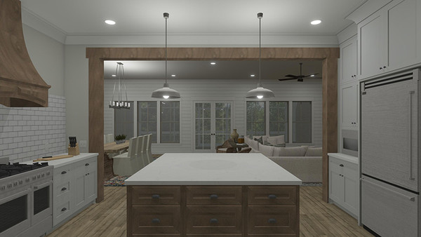 Alder Cottage 3D Rendering Kitchen to Great Room