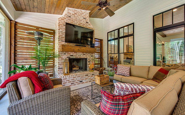 Summertime Bungalow Photo Screened Porch Fireplace