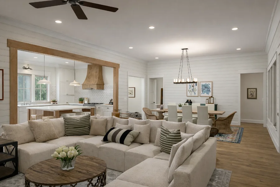 Alder Cottage Interior 3D Color Rendering Great Room to Kitchen