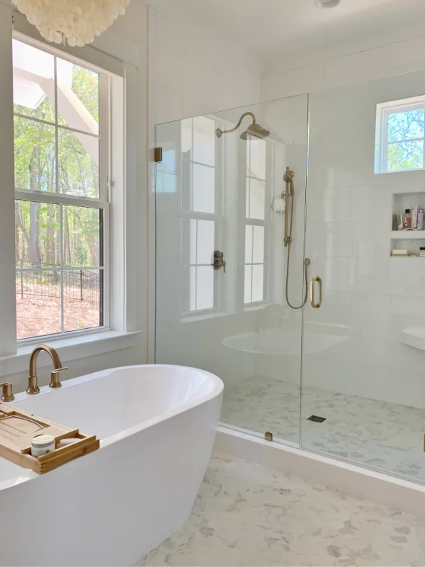 Evergreen Cottage Exterior Color Photo Primary Bath Shower