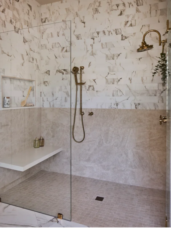 Mason's Farmhouse Exterior Interior Photo Primary Bath Shower