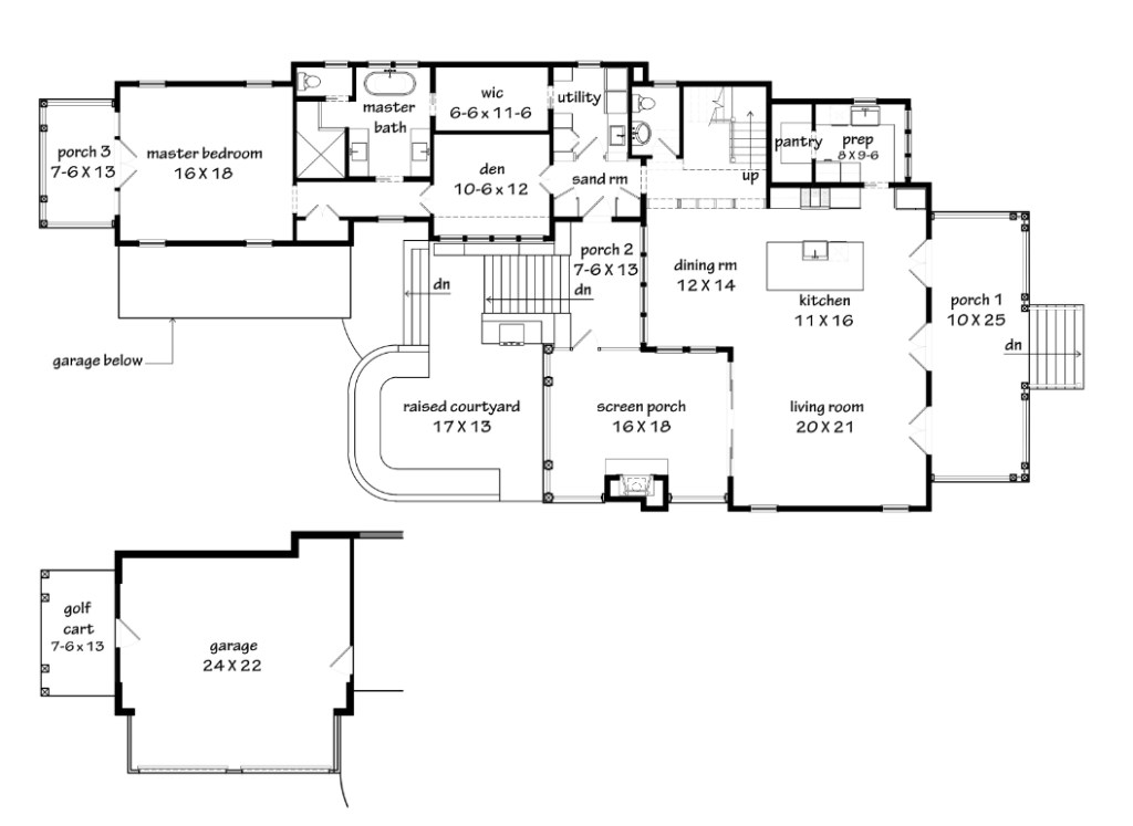 Coastal Living Cottage Main Floor plus Tuck-under Garage