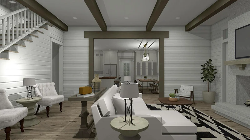 Loblolly Cottage 3D Rendering Living Room to Kitchen