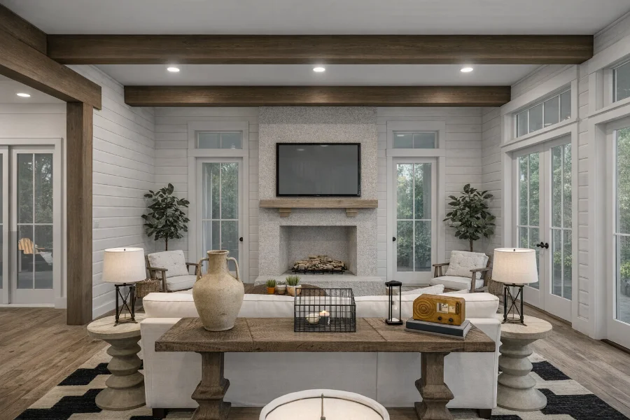 Loblolly Cottage Interior 3D Color Rendering Great Room with Fireplace