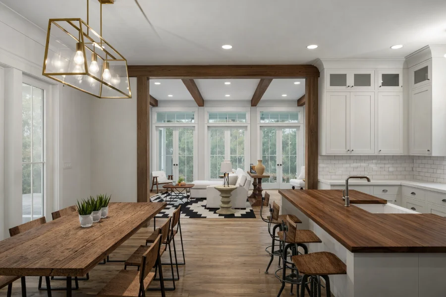 Loblolly Cottage Interior 3D Color Rendering Kitchen to Great Room