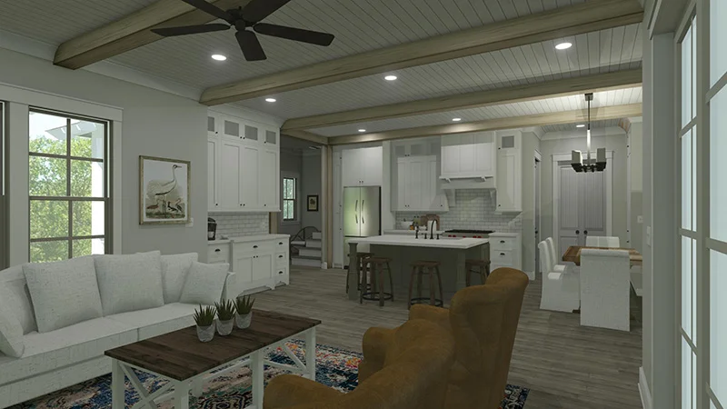 Evergreen Cottage 3D Rendering Living Room to Entry
