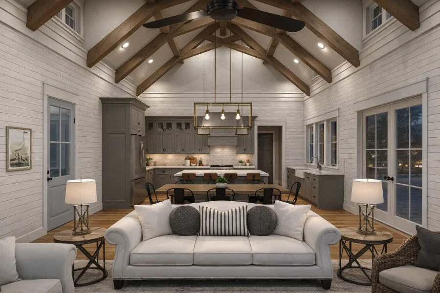 Hawthorn Cottage Interior Color Photo Living Room to Kitchen