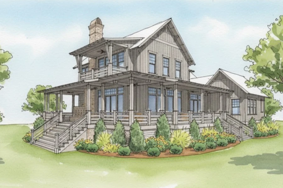 Walnut Cottage Watercolor Exterior Rendering Rear Left